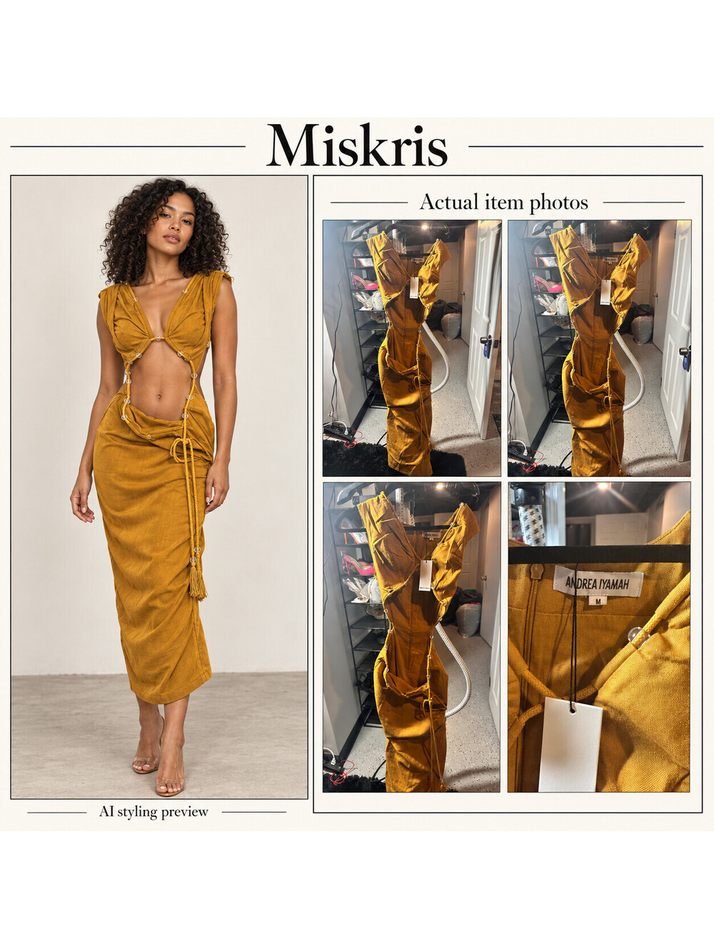 NWT Andrea Iyamah Vela Cut Out Midi Dress M Mustard Yellow Beaded Tassel Linen